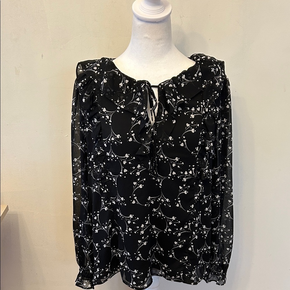 Loft black white long sleeve ruffle blouse Size L New